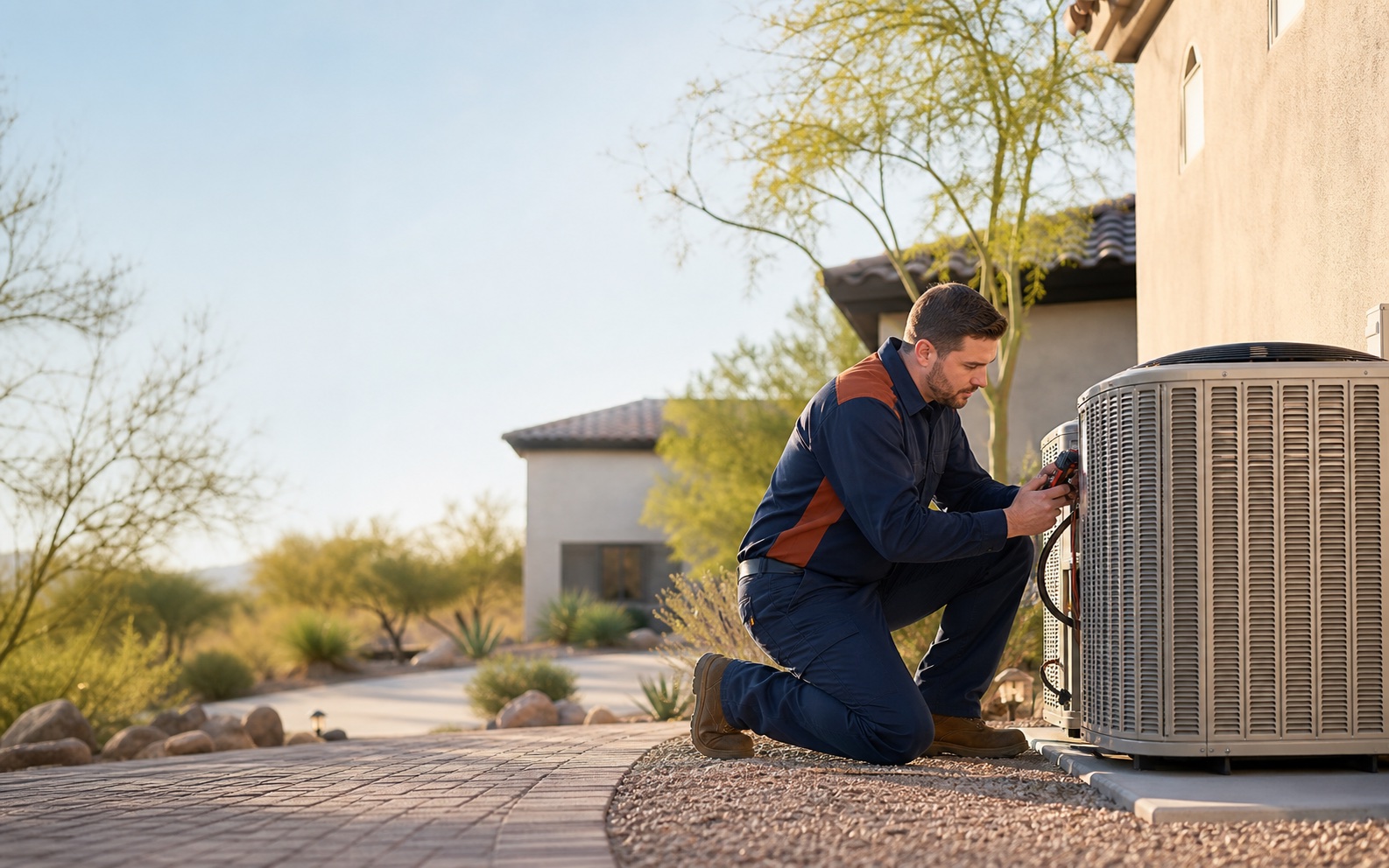 Air conditioning technician inspecting an outdoor condenser beside an Avondale home